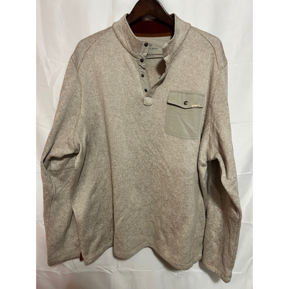 Woolrich Men XXL Tan Quarter Button Henley Fleece Sweater‎ Pullover Pocket